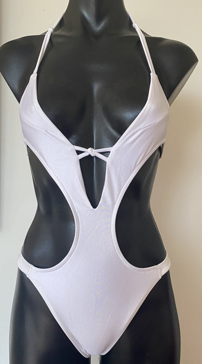 MissManeater WHITE Reef Knot Bandeau Tab Side Designer Swimsuit
