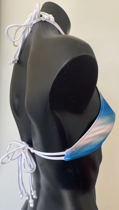 MissManeater halter tie straps and reef knot detailing on SHARKskin bikini crop top
