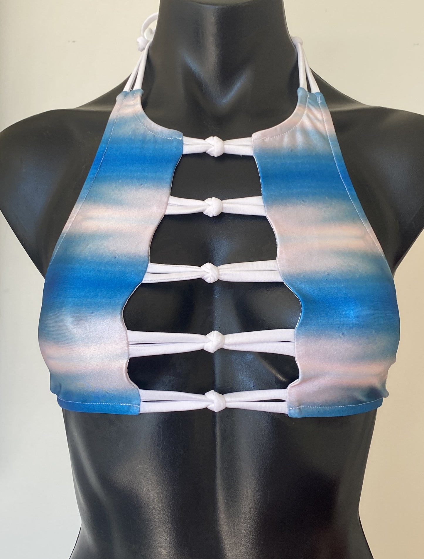 MissManeater SHARKskin reef knot boutique bikini crop top front view on mannequin
