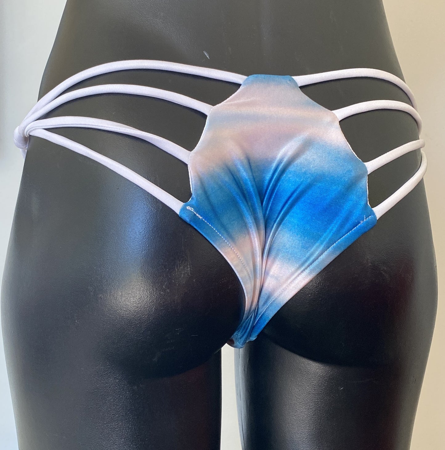 Close up back view of MissManeater SHARKskin strap side bikini pant showing strappy sides and cheeky coverage Australian made designer swimwear