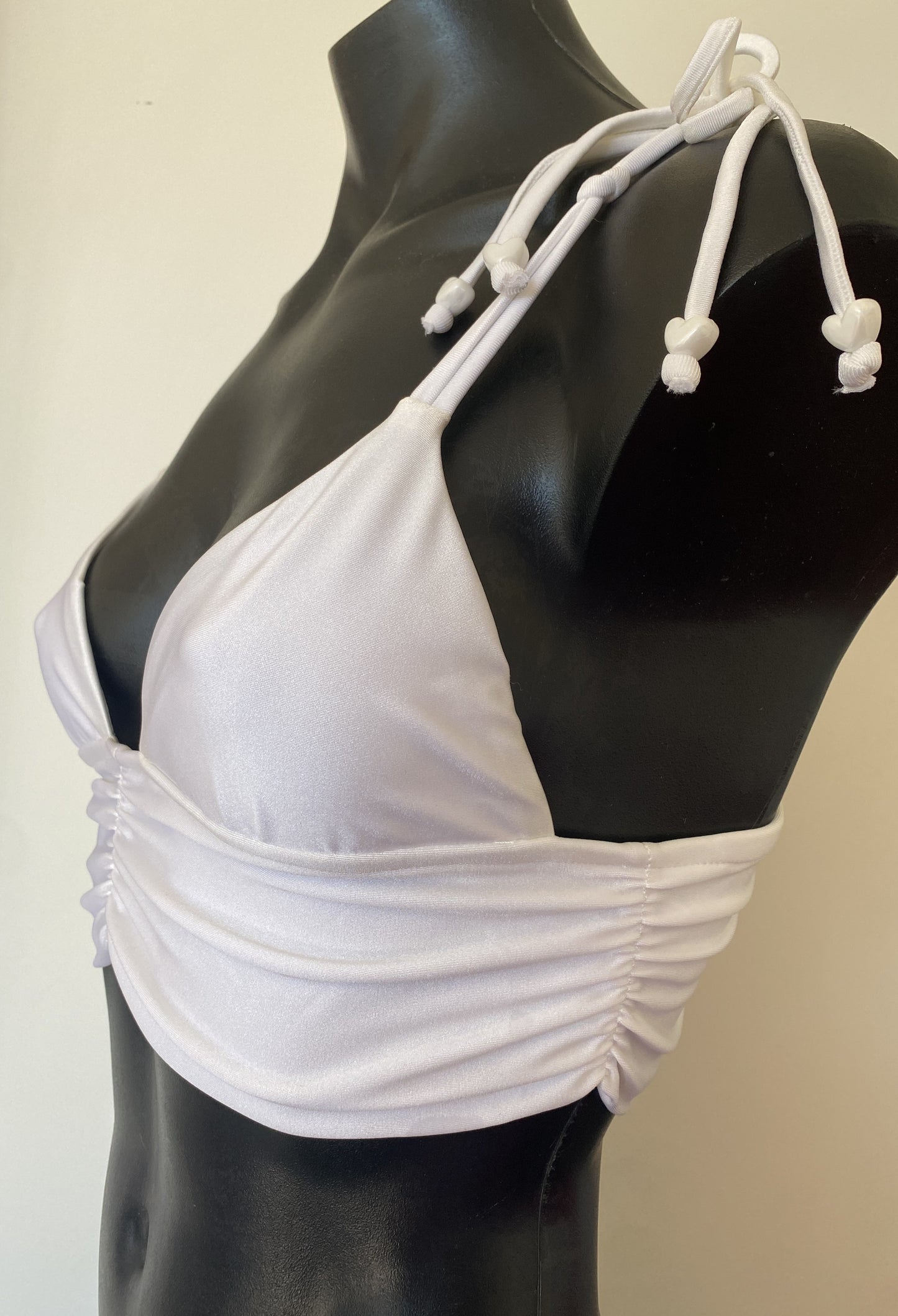 MissManeater white fixed band bralette bikini top with reef knot shoulder straps, boutique Australian swimwear