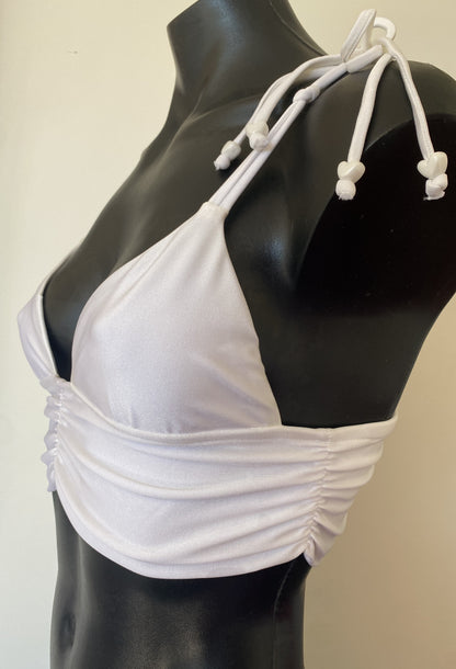 MissManeater white fixed band bralette bikini top with reef knot shoulder straps, boutique Australian swimwear