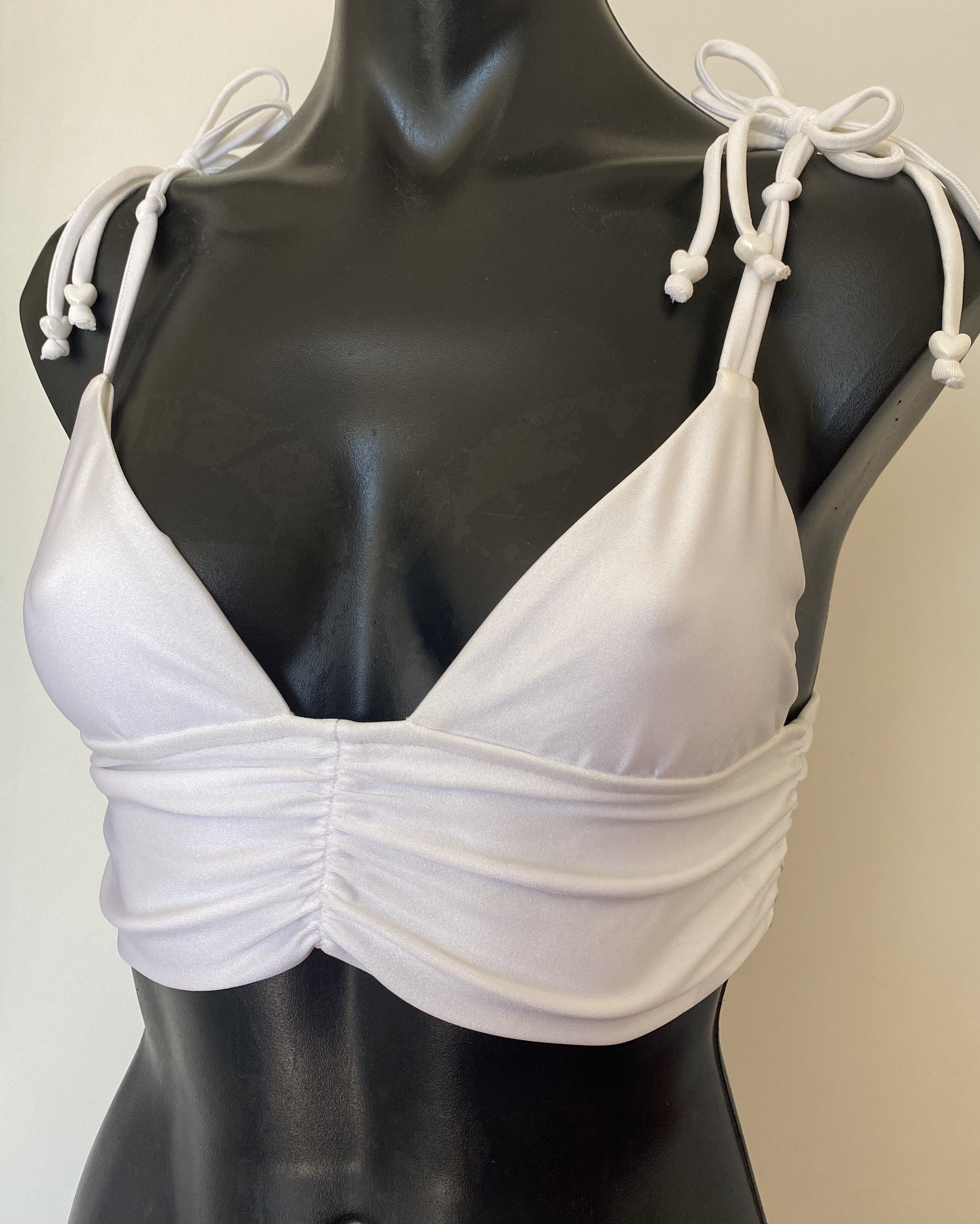 MissManeater white reef knot fixed band bralette bikini top front view on mannequin, Australian made designer swimwear