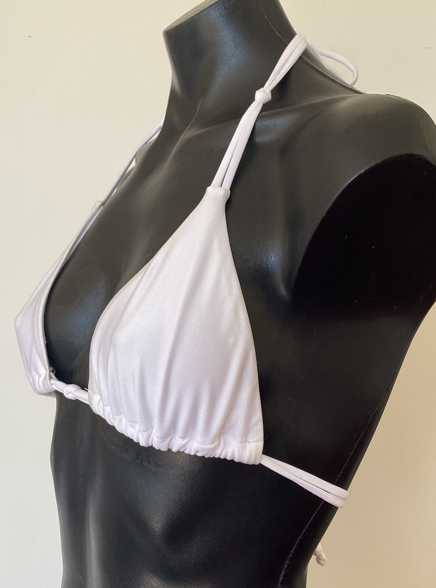 MissManeater WHITE Reef Knot sliding triangle bikini top back tie strap detail