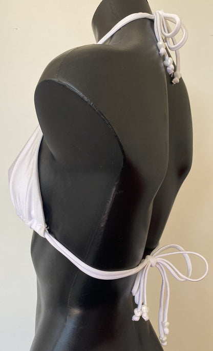 MissManeater WHITE Reef Knot sliding triangle bikini top angled front detail on mannequin