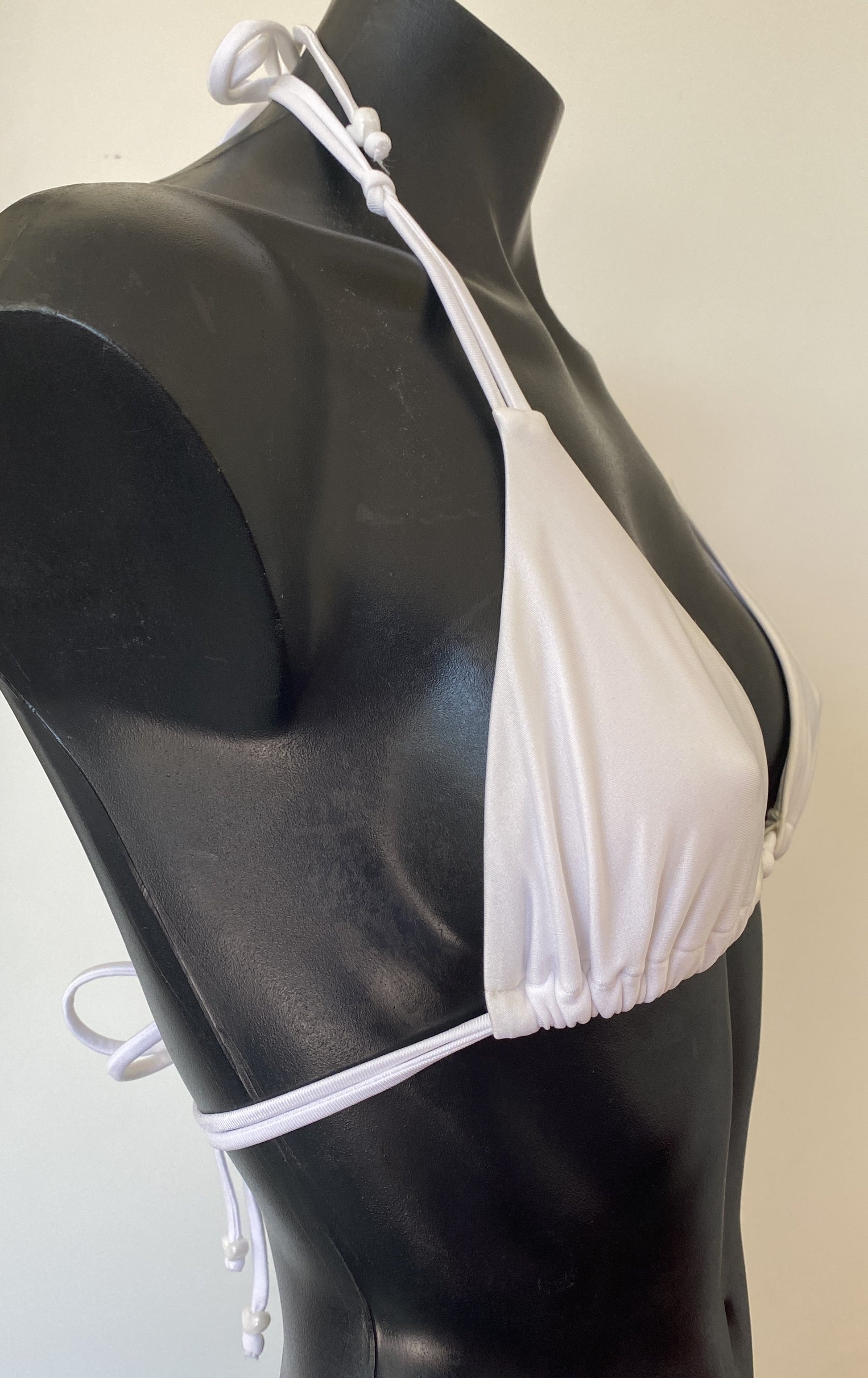 MissManeater WHITE Reef Knot sliding triangle bikini top side view showing halter strap detail